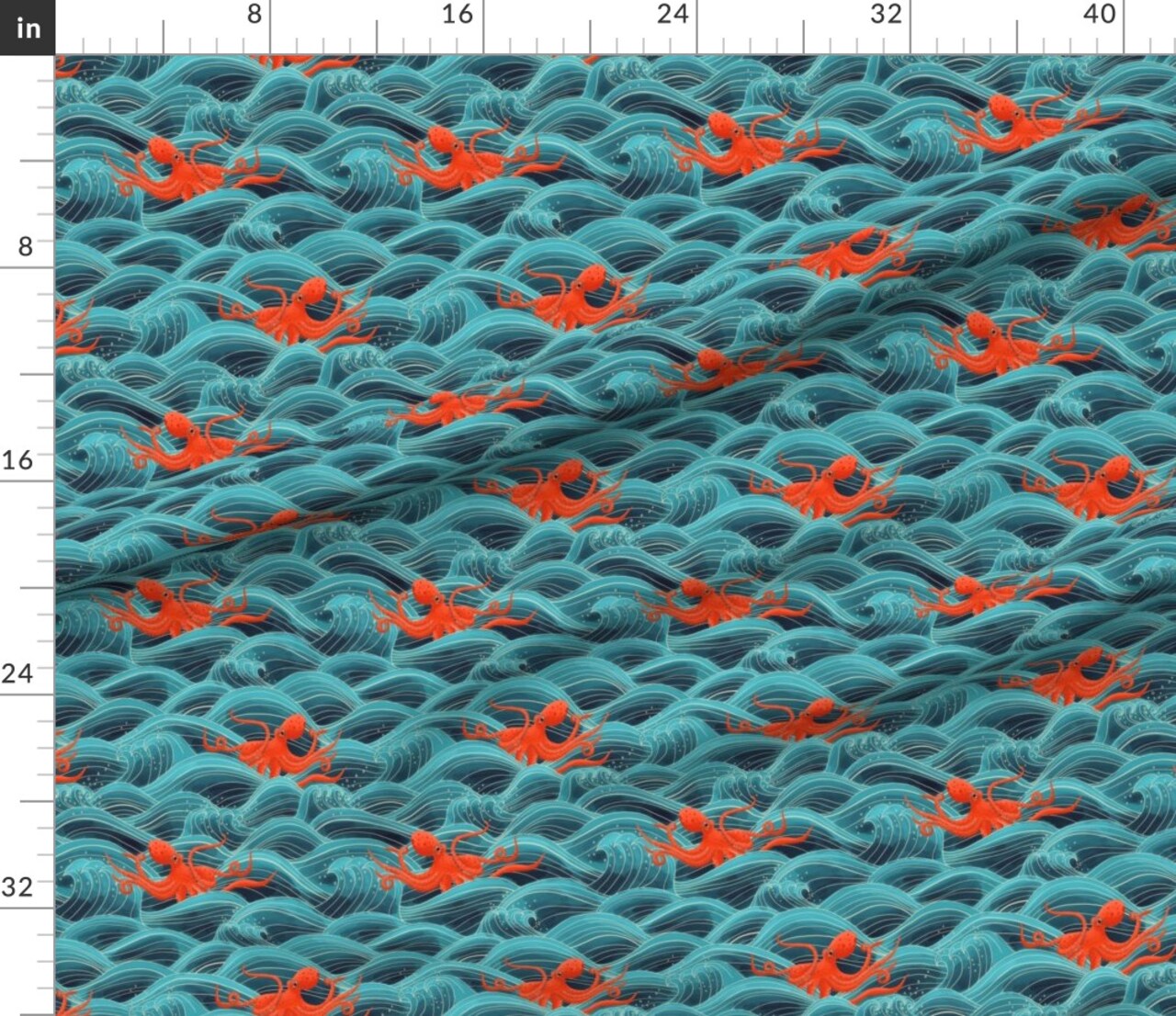 Nautical Whimsical Waves Blue Orange Custom Printed Fabric by Spoonflower Various Fabrics by the Yard or Fat Quarter